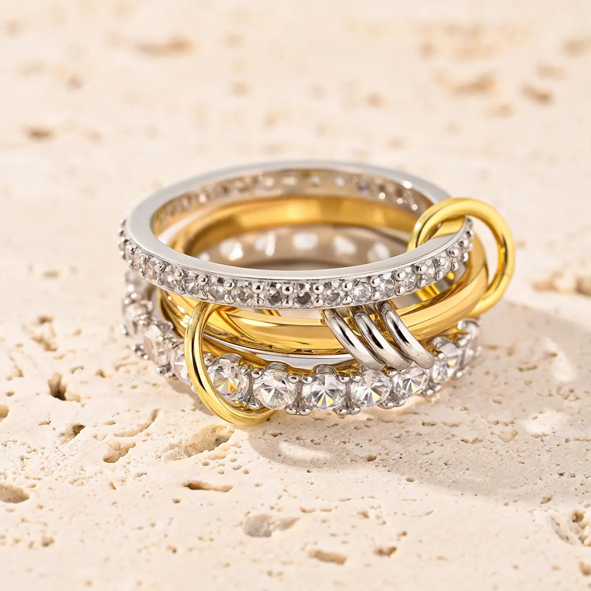 Stackable Rings for Women, 18k Gold Plated Cubic Zirconia Rings, Silver Gold Multi Ring Mixed Metals Stack Rings Set