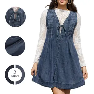 Chicovar Women's Oversized Vintage Denim Mini Dress, Easter dress,Sleeveless V-Neck Tie Front Ruffle Layered A-Line Tunic with Pockets & Front Pleats, Casual Outfit