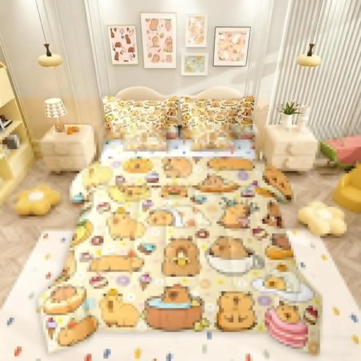 Cute Capybaras 7 Pieces Bedding Set,Funny Rodent Animals Bed in a Bag,Capybara Themed Bed Set Includes Comforter,Sheet Set,Pillowcases & Pillow Covers,Yummy Donut Cakes Bedroom Decor