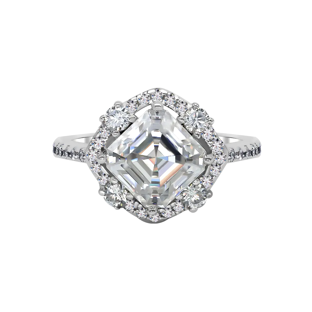 Fine Moissanite Engagement Ring, 725 Valentine's Flash Quartet Halo, 2.5 Carat Asscher Cut Synthetic Moissanite Ring, Fine Moissanite Rings