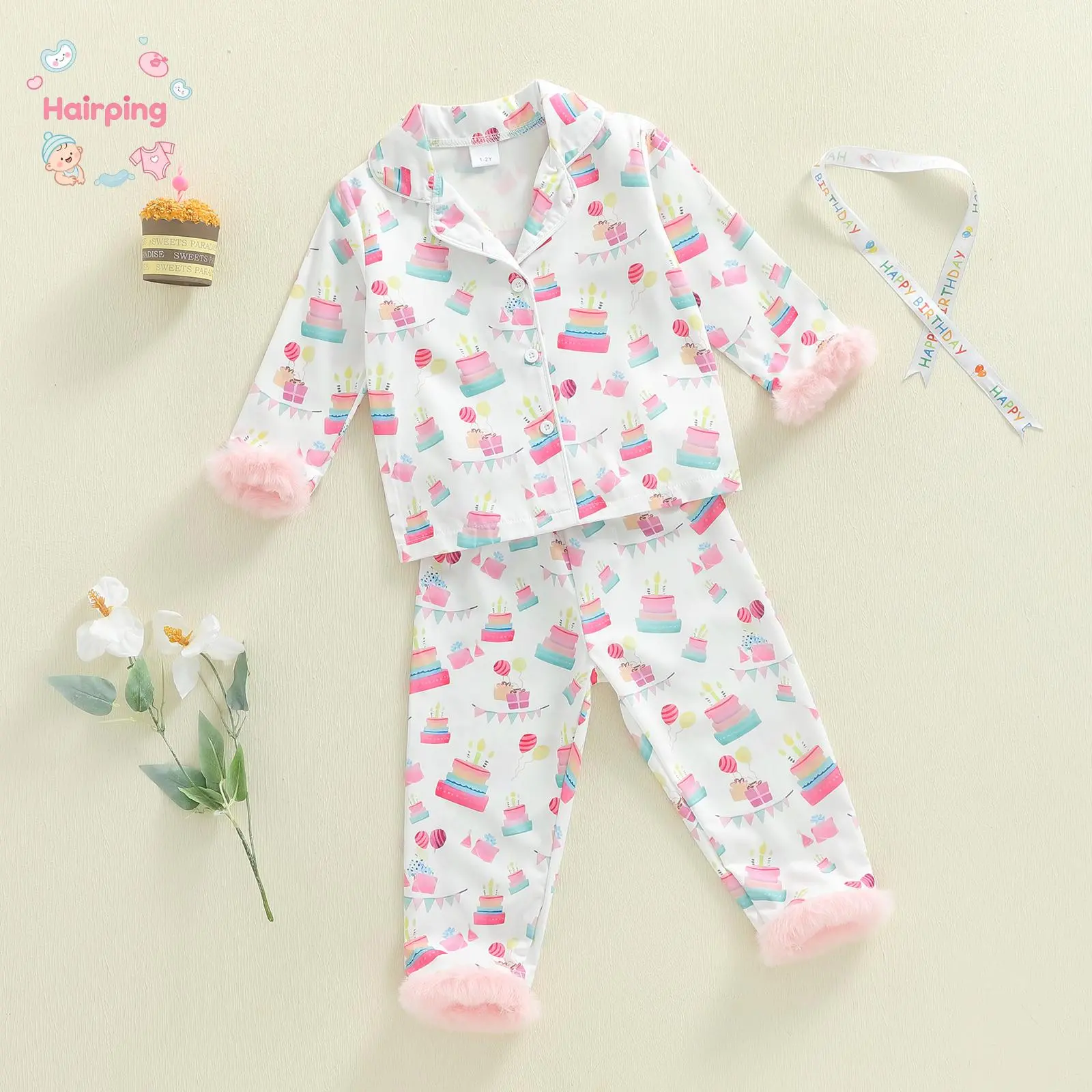 Toddler Girls Birthday Pajamas Sets, Fashionable Cake Balloon Printed Lapel V Neck Long Sleeve Tops with Pants, 2Pcs Sleepwear, Casual Baby Girls Set