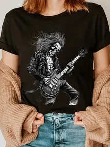 100% Cotton Skeleton Guitar Guy Rock And Roll Band Rock On T-Shirt