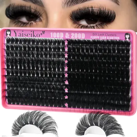 Yaiseiko Plant Fiber Wispy Lash Clusters Kit - 100D+200D Thick, 12-25mm D Curl Mega Volume Individual Eyelash Extensions, 280Pcs DIY At-Home Makeup Pack, Ideal Gift for Lash Enthusiasts