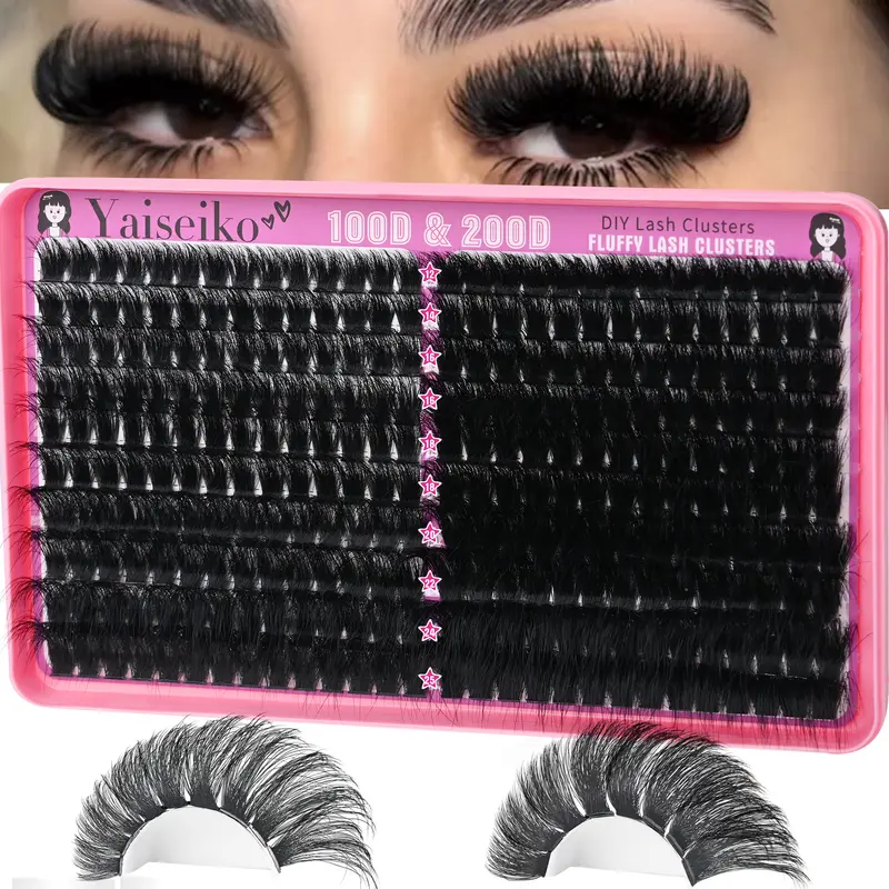 Yaiseiko Plant Fiber Wispy Lash Clusters Kit - 100D+200D Thick, 12-25mm D Curl Mega Volume Individual Eyelash Extensions, 280Pcs DIY At-Home Makeup Pack, Ideal Gift for Lash Enthusiasts