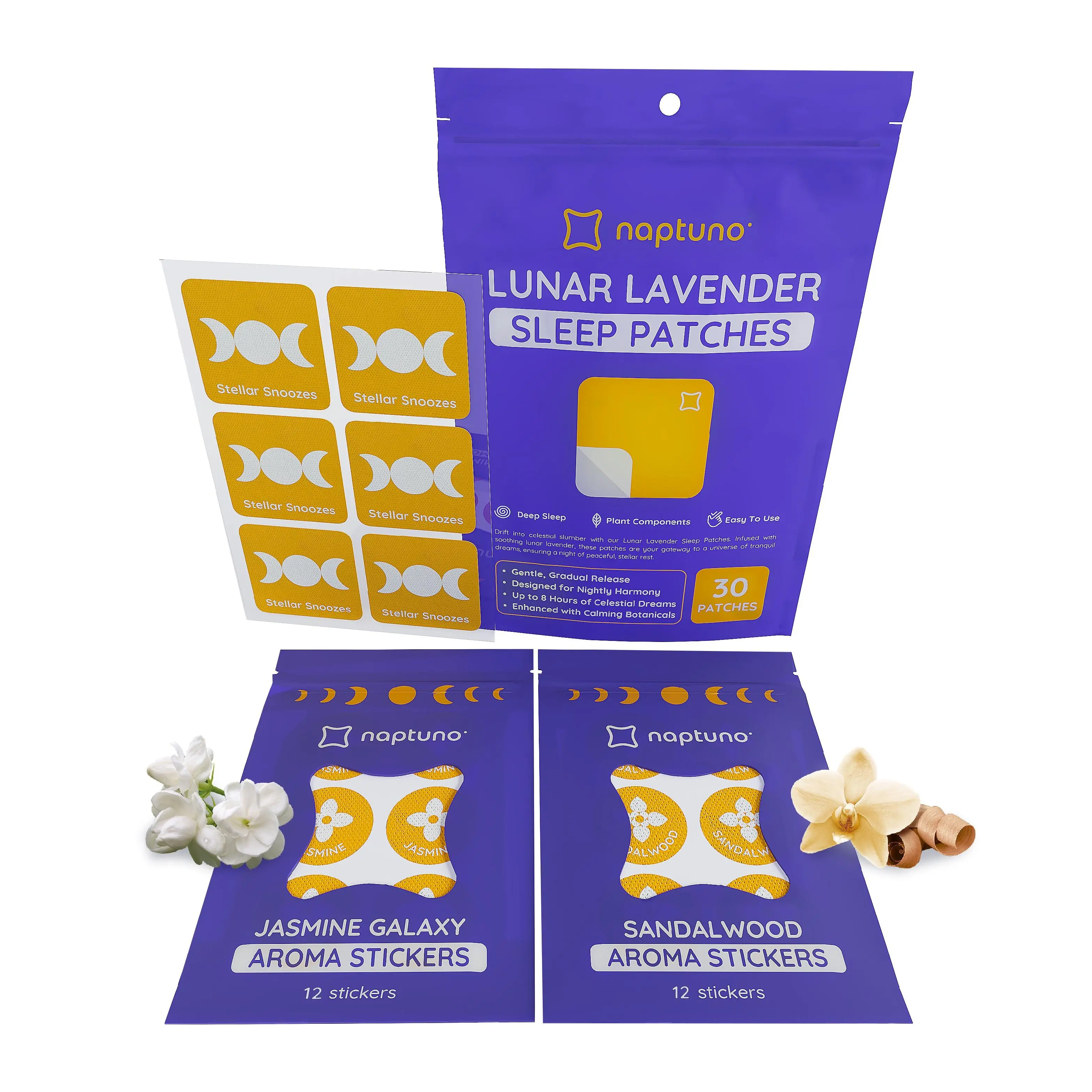 Naptuno Sleep Patches with Melatonin & Lavender for Nighttime Relaxation, All Natural Supplement - 30 Count with 24 Jasmine & Sandalwood Aroma Stickers, Health
