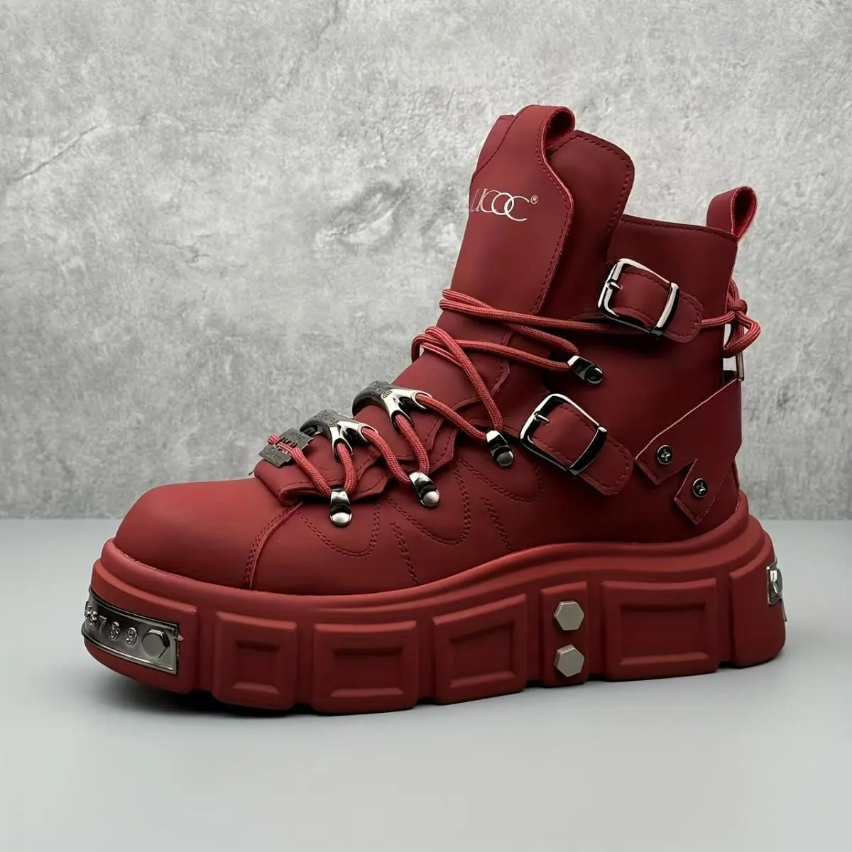 Men's Red Chunky Platform High-Top Shoes Lace-Up Streetwear Boots with Metal Buckle Details for Punk Style, Casual and All-Day Wear
