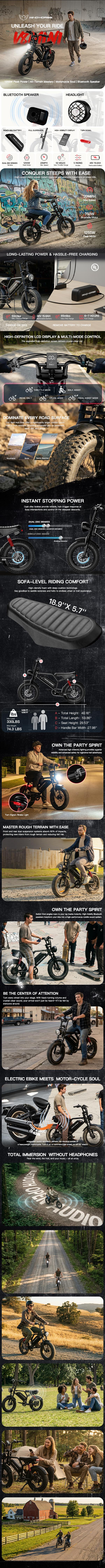 Windhorse V8 Mini Powerful Electric Bike with Bluetooth Speaker & Simulated Moto Sound, 16" Fat Tire 20-28MPH, 65Miles PAS Range, 1255W Peak Motor, 48V 15.6AH Battery, UL2849 Certified. All-Terrain Bicycle, Electric Motorcycle, Full Suspension System