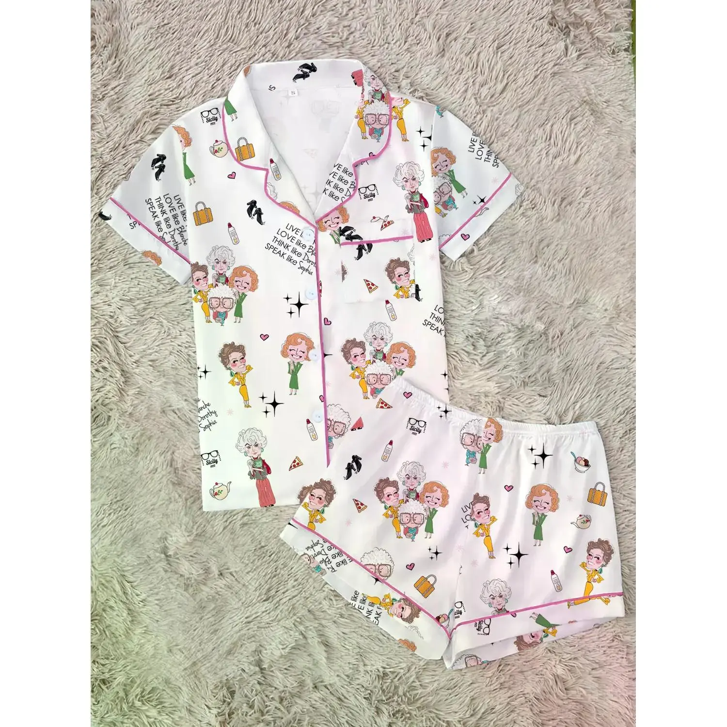 Golden Girls Classic Role Printed Lapel Short Sleeve Pajama Set, Comfortable Short Sleeve Shorts, Perfect Party Gift & All-Season Loungewear