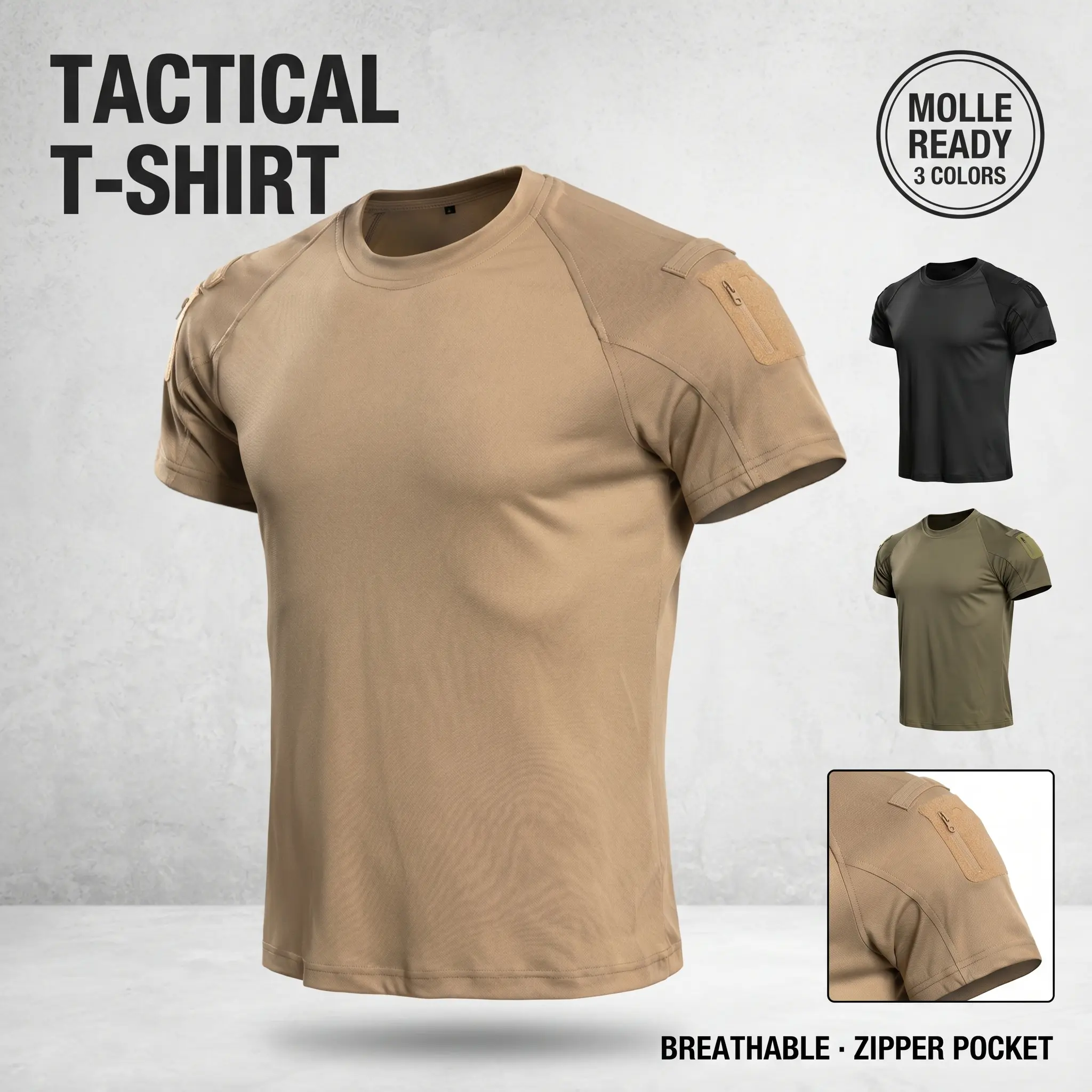 Men’s short-sleeve T-shirt featuring a tactical crew neck design. Shoulder area includes zippered storage pockets and Velcro patch areas. Lightweight, breathable, quick-drying fabric that is soft and non-clingy—ideal for summer outdoor sports and everyday