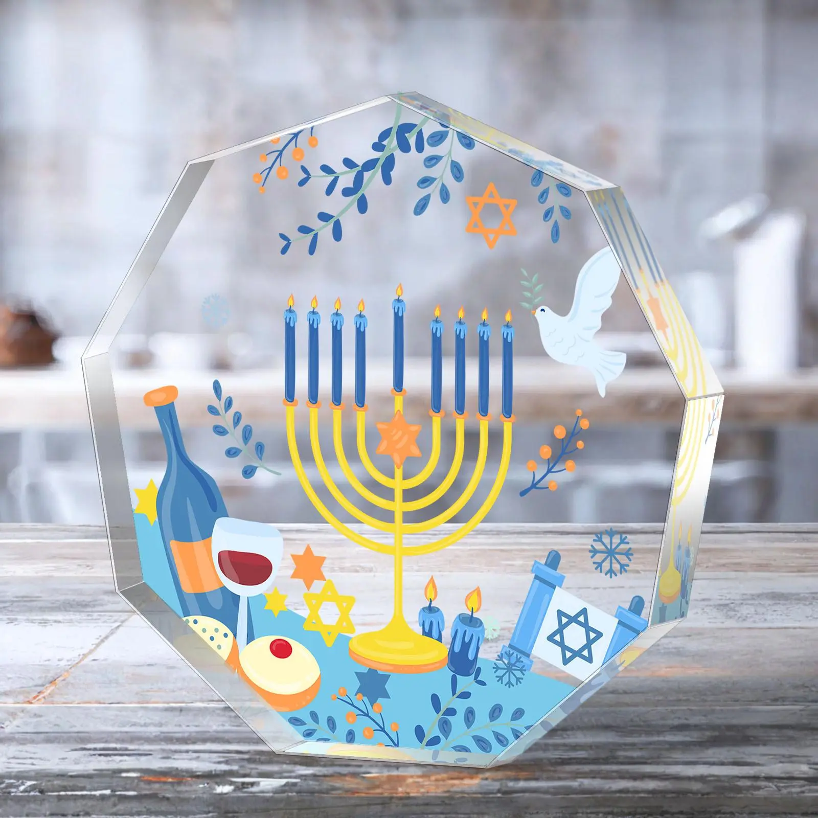 Acrylic Happy Hanukkah Sign, 1 Count Creative Desktop Ornament, Decorative Ornament for Home Living Room Bedroom, Chanukah Party Decor