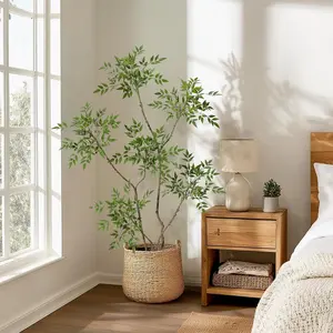 5FT Minimalist Tropical Faux Nandina Tree - Lifelike Hand-Trimmed Artificial Potted Plant with Indoor Grey Ceramic Clay Mix Planter, Decorative Fruit, Light-Enhanced Decoration for Home, Office (Botanical Indoor Artificial Trees)