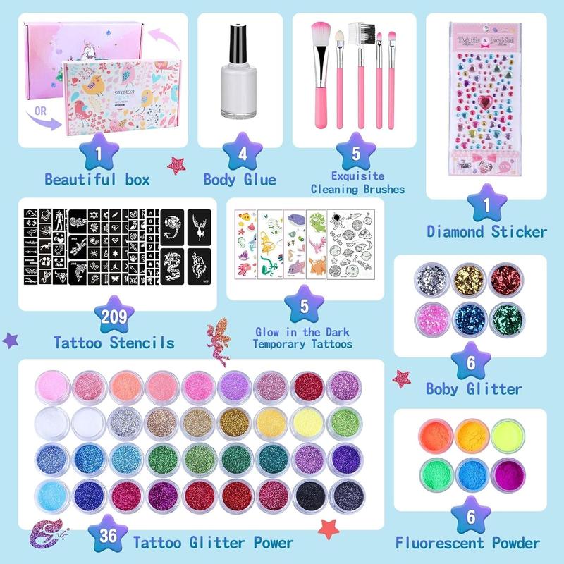 Temporary Glitter Tattoo Kids Kit 48 Colors 209 Stencils 4 Glue 5 Brushes Gel Makeup Set for Body Nail Arts Gifts for Girls Boys Adults Birthday - Cosmetic