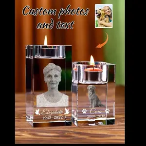 1pc Customized Commemorative Photo Crystal Candle Holder, Personalized 3d Laser Engraved Text Candle Holder, Customized Pet Portrait Commemorative Crystal, Transparent Glass Candle Holder With Personalized Text Engraving, Valentine Day, Valentine Day Deco