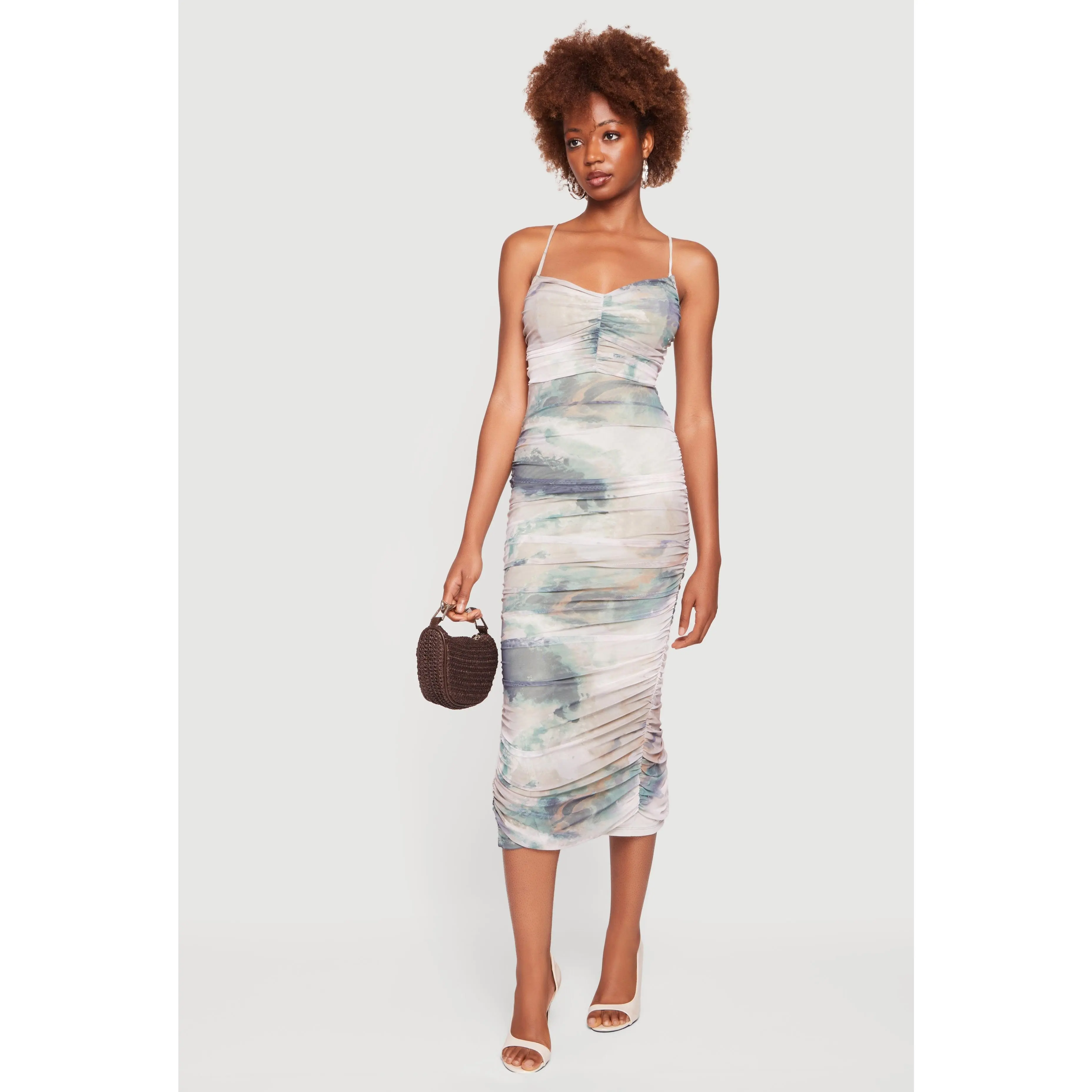 Criss Cross Open Back Mesh Ruched Bodycon Dress