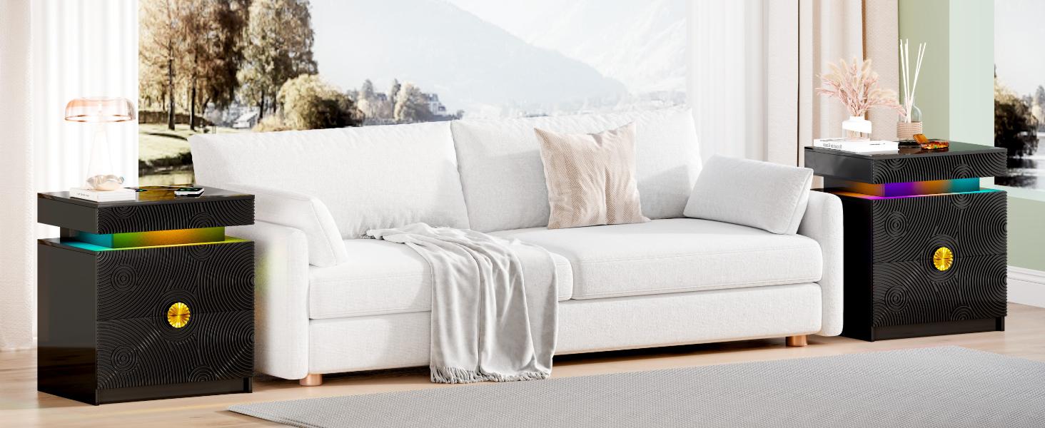 FREDEES LED Nightstand - with RGB Light, Night Stand with a Lockable Hidden Drawer and 2 Drawer, Smart Bedside Table with Auto Sensor, USB&Type-C for Bedroom, Modern Sofa End Table