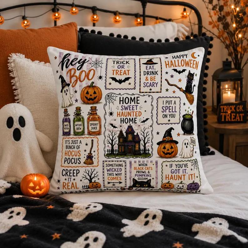 Halloween Velvet Pillow Cover, Festive Print Spooky Theme Collage (Hey Boo/Trick or Treat/Hocus Pocus), Polyester Double-Sided Zipper Pillow Case, Washable Indoor Fall Home Decor