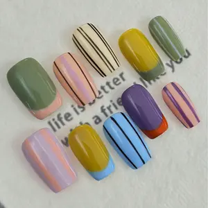Colorful Lines|10 PCS of Chinese Handmade Press On Nails, Multi-Color Striped Retro Vitality Press On Nails, High Glossy Base, Multi-Color Striped Decoration, Bright Color Matching, Summer Street Style Nail Set