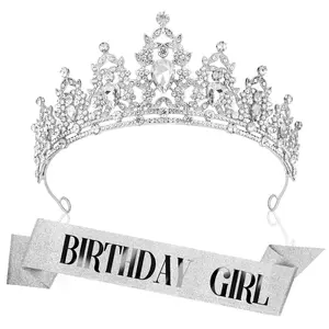 P-HDW020    Birthday Crown Headband Birthday Sash Crowns for Women Tiaras for Women Silver Crown Birthday Girl Crown Birthday Tiara for Women Crystal Crown Birthday Sash and Crown for Birthday Party