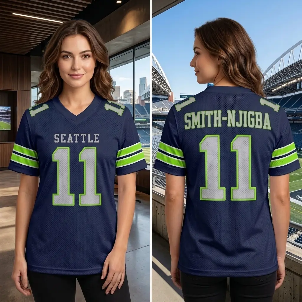Smith-Njigba Seattle Football Jersey, Navy Blue Mesh Breathable #11, Perfect Gift for Football Fan