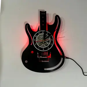 Creative Music LED Wall Clock, Electric Guitar Design, Vinyl Record Craftsmanship, Atmosphere Light Effect, Time Tool & Decor