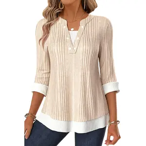 Flamingals Two Tone Rib-Knit Button Decor Three Quarter Sleeve 2-In-1 T-Shirt