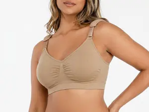 Women's Minimalist Plain Seamless Pullover Bra for Women, Soft Wire-Free Everyday Basic with Adjustable Straps, Removable Padding, Stretchable Smooth Nylon Spandex Fabric for Ideal Fit, Nude Large