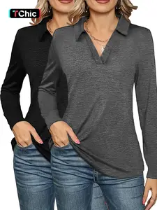 Women's Solid Color Long Sleeve Polo Shirt, Casual Collared Top for Fall & Winter, Ladies Clothes for Daily Wear