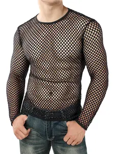 Mens Mesh T Shirt Long Sleeve Sheer Blouse Summer Hollow Out Tee Shirt Beach Top