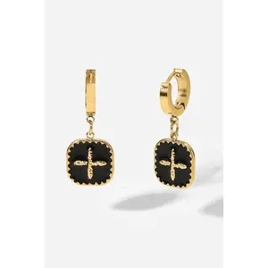 Cross Sign Square Shape Drop Earrings - Stainless Steel Plus Sign Pendant 0.6 in x 0.6 in Weight 0.2 oz Imported Jewelry