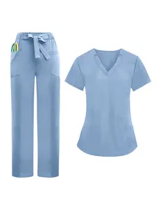 Health Check Scrubs Uniforms Women Solid Color Fitted Pet Grooming Work Uniform Set Nutritionist Work Suits Short Sleeved Work Wear