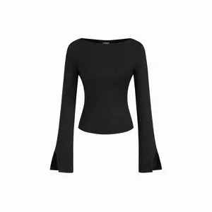 Cider Boat Neck Long Sleeve Lace Trim Top