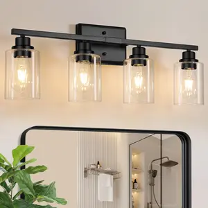Contemporary Bathroom Lighting, 4-Bulb Vanity Lights Above Mirror, Black Wall Lamp with Transparent Glass for Living Room, Cabinet, Bedroom, and Porch
