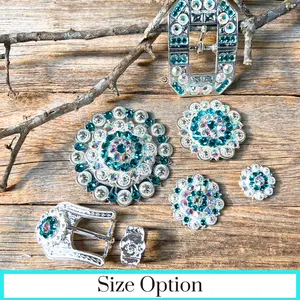 Bright Silver Teal & AB Crystal Conchos - Sizes from 1"- 3" and Buckles