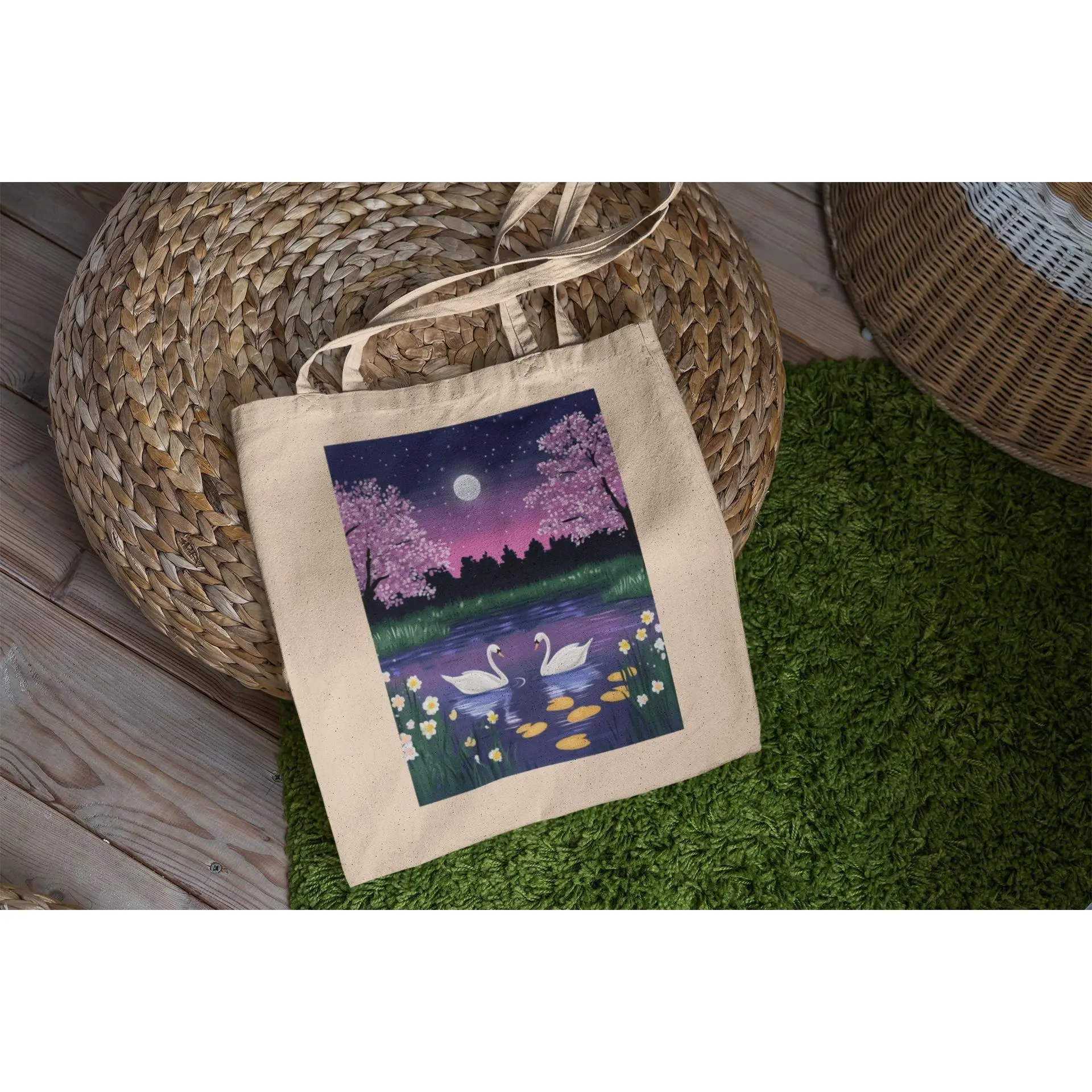 Swan Cherry Blossom Tote Bag