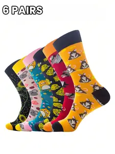 6 Pairs Fun Mid-Calf Socks, Hamster Cheese Sunflower Themes, Vibrant Colors, Soft Breathable, Unisex, Daily Wear, Eye-Catching Design