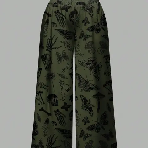 Gothic Plus Size Loose Pants with Dark Moth, Skull, Snake and Insect Patterns, Fashionable Casual Trousers for Women
