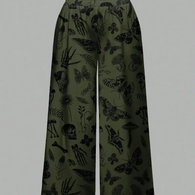 Gothic Plus Size Loose Pants with Dark Moth, Skull, Snake and Insect Patterns, Fashionable Casual Trousers for Women