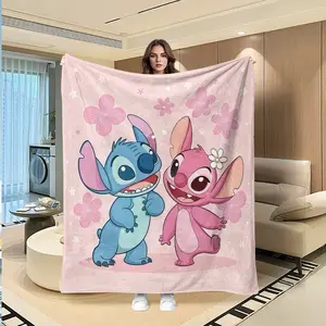 Cute Stich & Angel Couples Flannel Blanket, Light Base, Interactive Print, Sakura Stars Decor, Romantic Soft Warm Cover