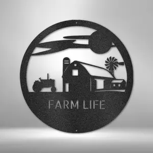 Southern Sky Monogram Metal Sign - Rustic Farm Scene with Barn, Tractor, and Sunset Decor