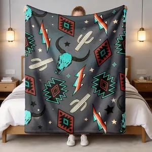 Western Cowboy Skull Cactus Flannel Blanket, Large Size, Soft Lightweight Warm, Perfect for Bed Sofa Office Camping Travel, Mother's Day Gift