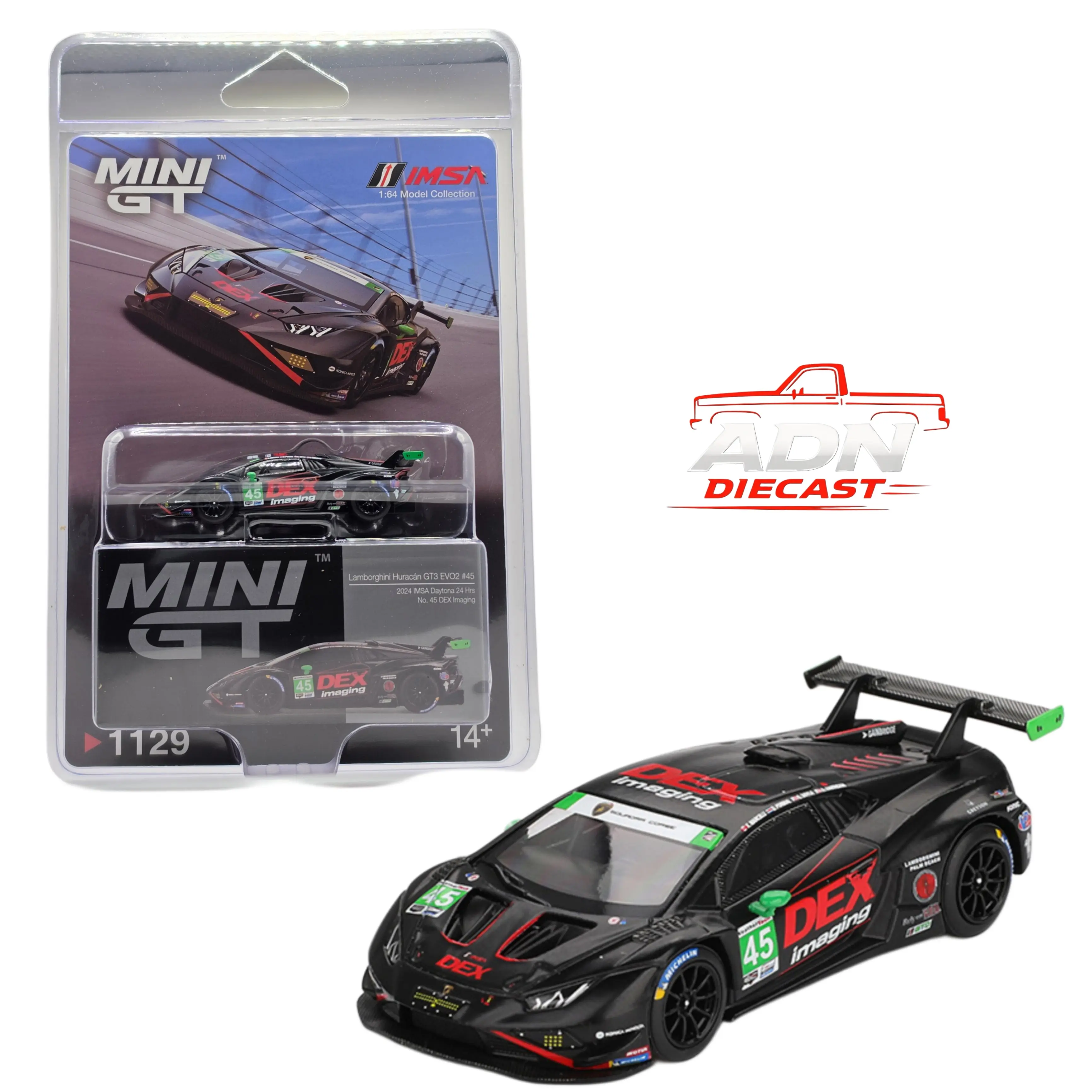 Mini GT Lamborghini Huracán GT3 EVO2 #45 No.45 DEX Imaging 2024 IMSA Daytona 24 Hrs - Diecast 1:64