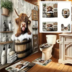 1/4pcs Farmhouse Cute Humorous Shower Curtain Set Highland Cow Woodland Bathtub Brown Gray Shower Curtain Machine Washable Bathroom Shower Home 12 Hooks Non-Slip U-Shaped Toilet Lid Pad, Luxury Bathroom Home Decor Shower Curtain with 12 Hooks