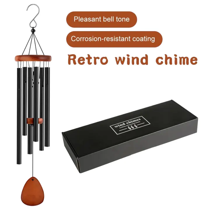 26-Inch Black Vintage Memorial Wind Chimes with 6 Thick Solid Wood+Alum. Tubes, 0.5mm Black Braided Nylon Rope, Rust-Proof Weather-Resistant Outdoor Home Decor, Condolences Gift for Neighbors with DIY-Compatible Sail & Pleasant Deep Tone