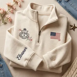 Custom USA Crest Floral Embroidered Quarter Zip, Personalized American Flag Embroidery Shirt, Patriotic Cottagecore Pullover Women Gift