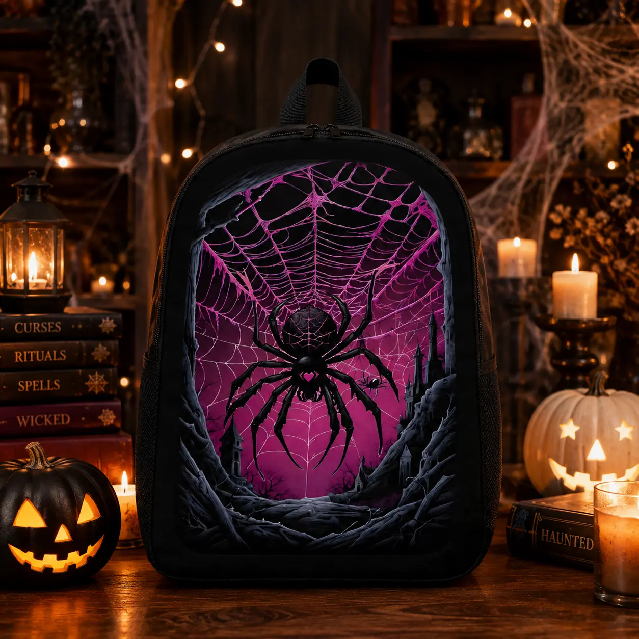 Women's Pink Gothic Spider Web Oxford Fabric Casual Backpack - Zip Closure, Black Widow Graphic, Haunted Castle Halloween Daypack for Gothic Style Enthusiasts