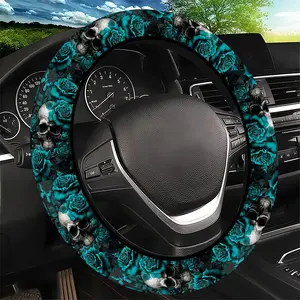 Teal Floral & Metallic Pattern Steering Wheel Cover, Luxe Artistic Style - Fit Car Interior Accessory, Durable Material, No Inner Ring, For All Seasons Automotive Accessories, Best Festive Gift Item For Friends and Family.11.25QWA-113
