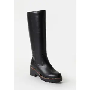 JUST FAB Women's Leather Lug Sole Knee High Boots | Block Heel Chelsea Style Boots with Side Zipper for Fall & Winter