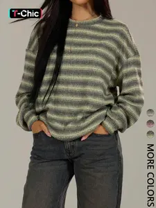 Women'S Stylish And Elegant Casual Vacation Loose And Comfortable Gradient Striped Long-Sleeve Sweater T-Shirt