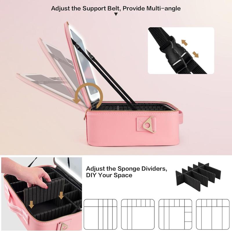 15''X11'' Large Capacity Makeup Bag with LED Mirror, Professional Makeup Case Organizer with 3 Color Light Adjustable Brightness, Travel Make up Cosmetic Case with Detachable Dividers & Shoulder Strapgongsi huizhoushihuangdoukejiyouxiangongsi