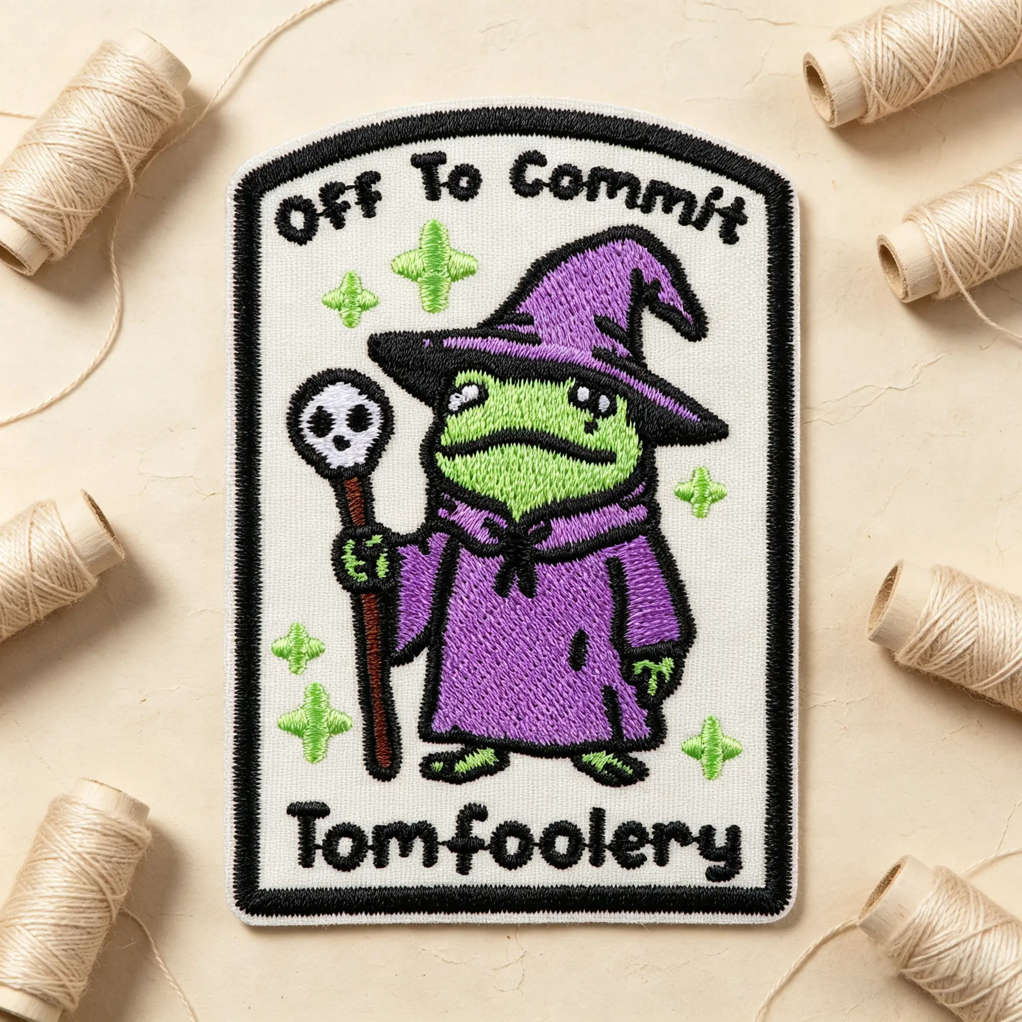 Off to Commit Tomfoolery Embroidered Patch, Humorous Wizard Frog Design, Adhesive Iron-On, for Clothes Jackets Hats Accessories, Embroidery Patches